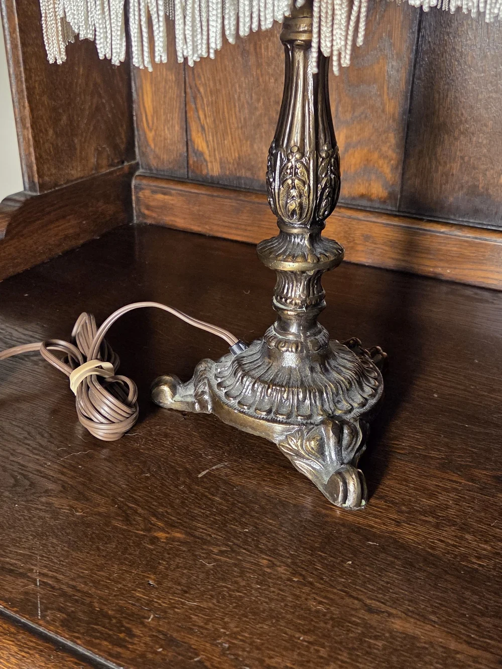 Vintage Cream Fringe Table Lamp with Ornate Brass Base